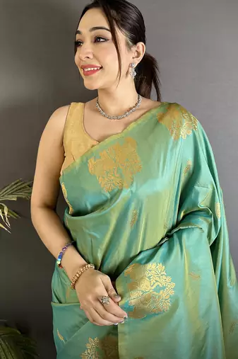 motifs zari weaving seagreen soft silk banarasi saree