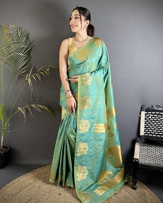 motifs zari weaving seagreen soft silk blend banarasi saree 5