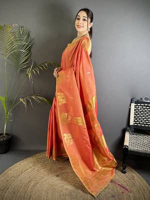 motifs zari weaving orange soft silk blend banarasi saree 1