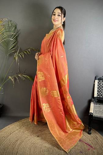 motifs zari weaving orange soft silk banarasi saree