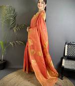 motifs zari weaving orange soft silk banarasi saree