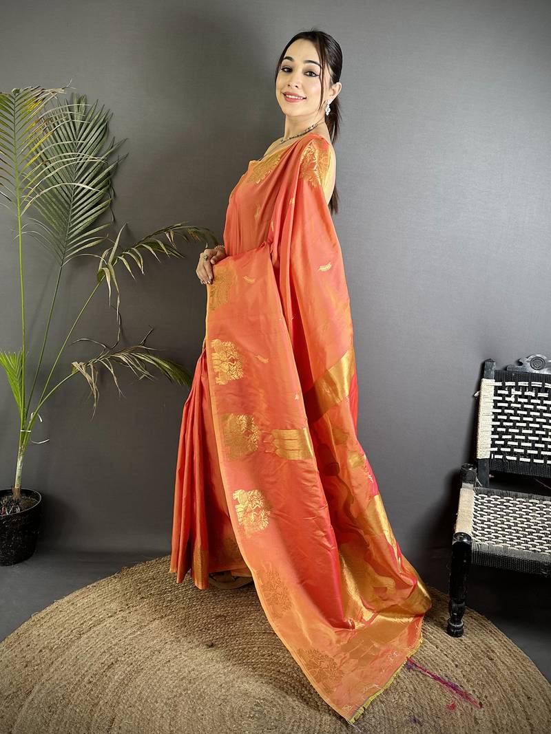 motifs zari weaving orange soft silk banarasi saree