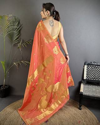 motifs zari weaving orange soft silk blend banarasi saree 2