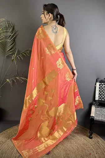 motifs zari weaving orange soft silk banarasi saree