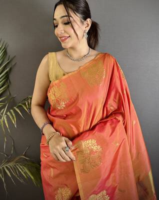 motifs zari weaving orange soft silk blend banarasi saree 3