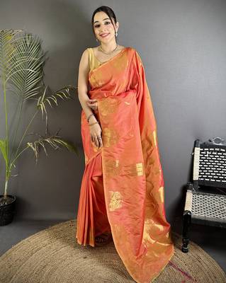 motifs zari weaving orange soft silk blend banarasi saree 5