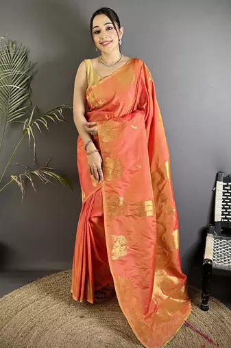 motifs zari weaving orange soft silk banarasi saree