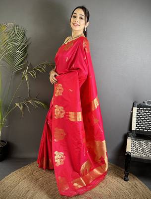 motifs zari weaving crimson red soft silk blend banarasi saree 1