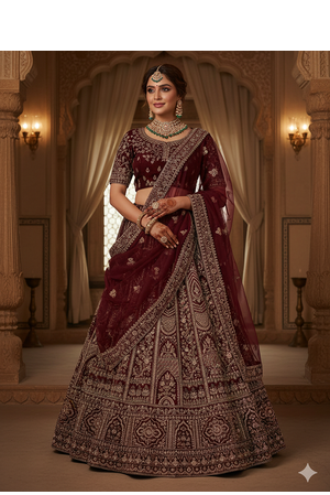 maroon thread work velvet lehenga set choli with dupatta with double dupatta 6