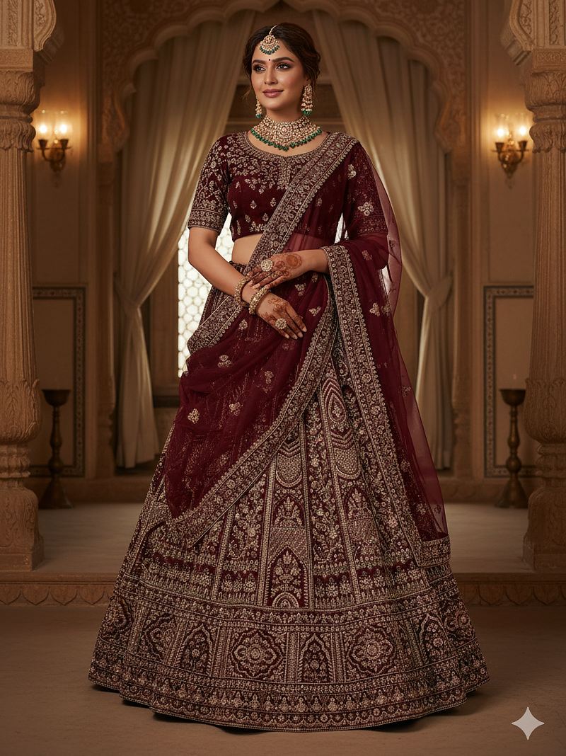 maroon thread work velvet lehenga set choli with dupatta with double dupatta