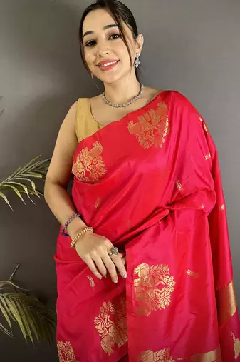 motifs zari weaving crimson red soft silk banarasi saree