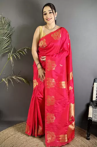 motifs zari weaving crimson red soft silk banarasi saree