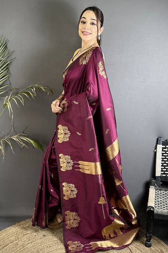 motifs zari weaving magenta soft silk banarasi saree