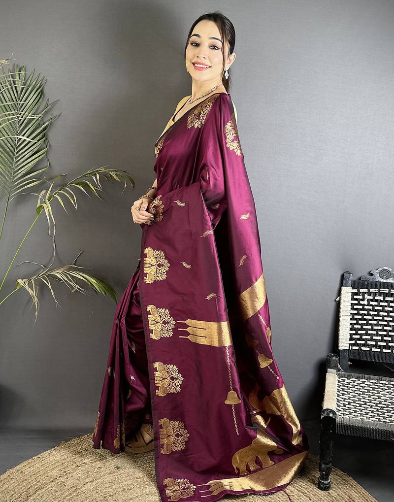 motifs zari weaving magenta soft silk banarasi saree
