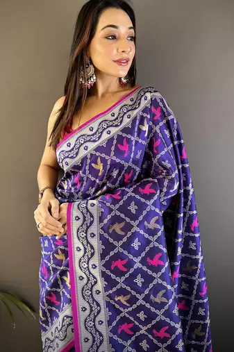 jacquard woven pattern blue lichi soft silk banarasi saree