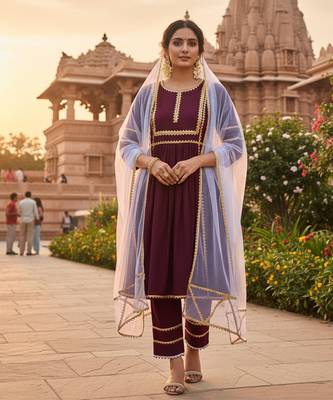 maroon embroidered cotton kurta pant set with dupatta 1