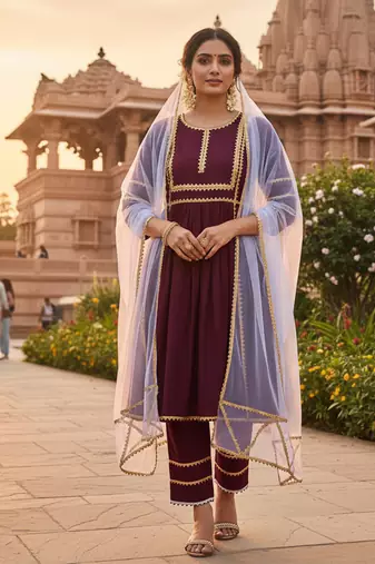 maroon embroidered cotton kurta pant set with dupatta
