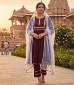 maroon embroidered cotton kurta pant set with dupatta