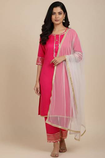 pink embroidered cotton kurta pant set with dupatta