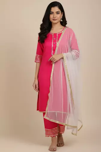 pink embroidered cotton kurta pant set with dupatta