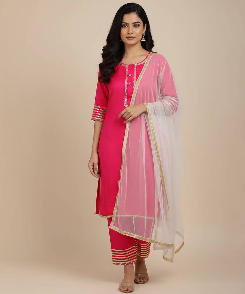 pink embroidered cotton kurta pant set with dupatta