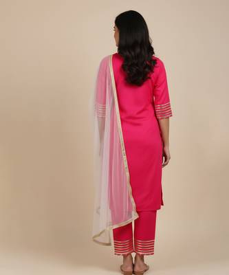pink embroidered cotton kurta pant set with dupatta 2