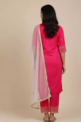 pink embroidered cotton kurta pant set with dupatta