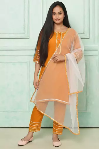 orange embroidered cotton kurta pant set with dupatta