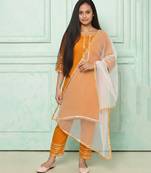 orange embroidered cotton kurta pant set with dupatta