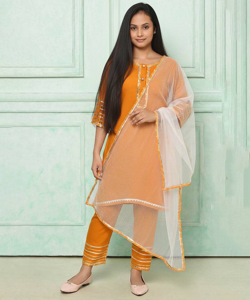 orange embroidered cotton kurta pant set with dupatta