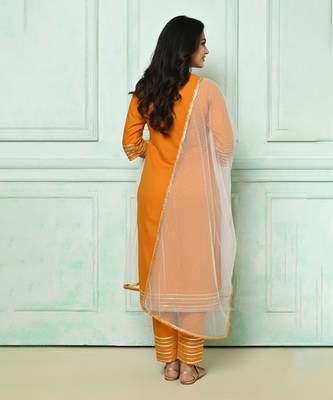 orange embroidered cotton kurta pant set with dupatta 2