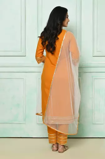 orange embroidered cotton kurta pant set with dupatta