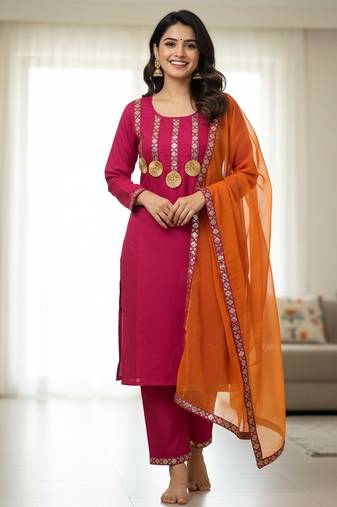 pink embroidered cotton kurta set with dupatta & pant
