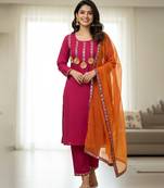 pink embroidered cotton kurta set with dupatta & pant