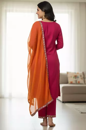 pink embroidered cotton kurta set with dupatta & pant
