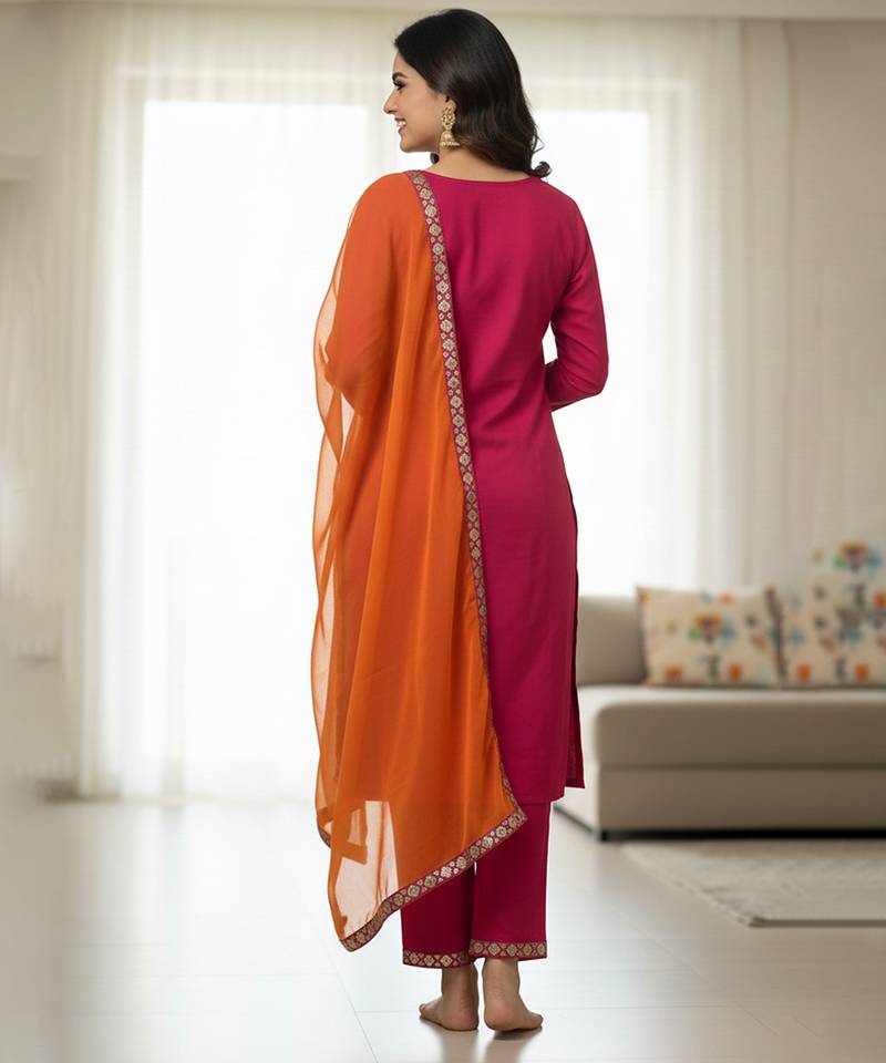 pink embroidered cotton kurta set with dupatta & pant