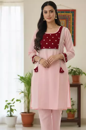 pink cotton woemsn kurta set with embroidered work