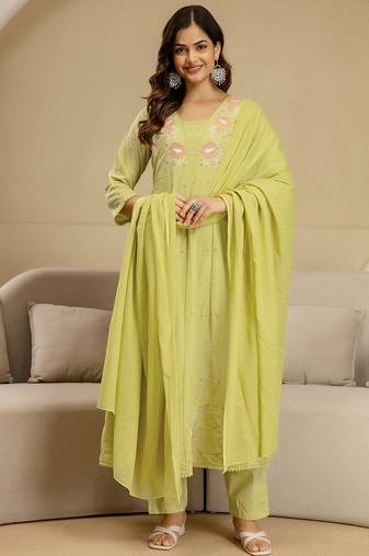  Yellow Pure Cotton Embroidery Sequence Work Anarkali Kurta Pant with Dupatta 