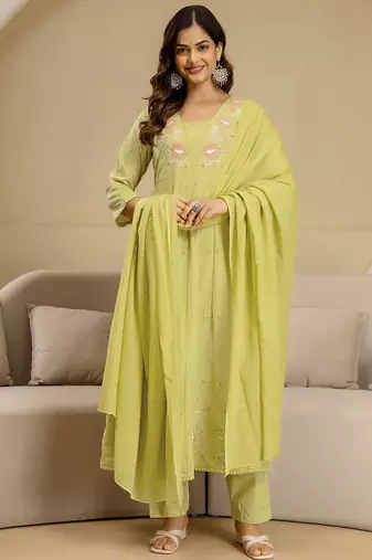  Yellow Pure Cotton Embroidery Sequence Work Anarkali Kurta Pant with Dupatta 