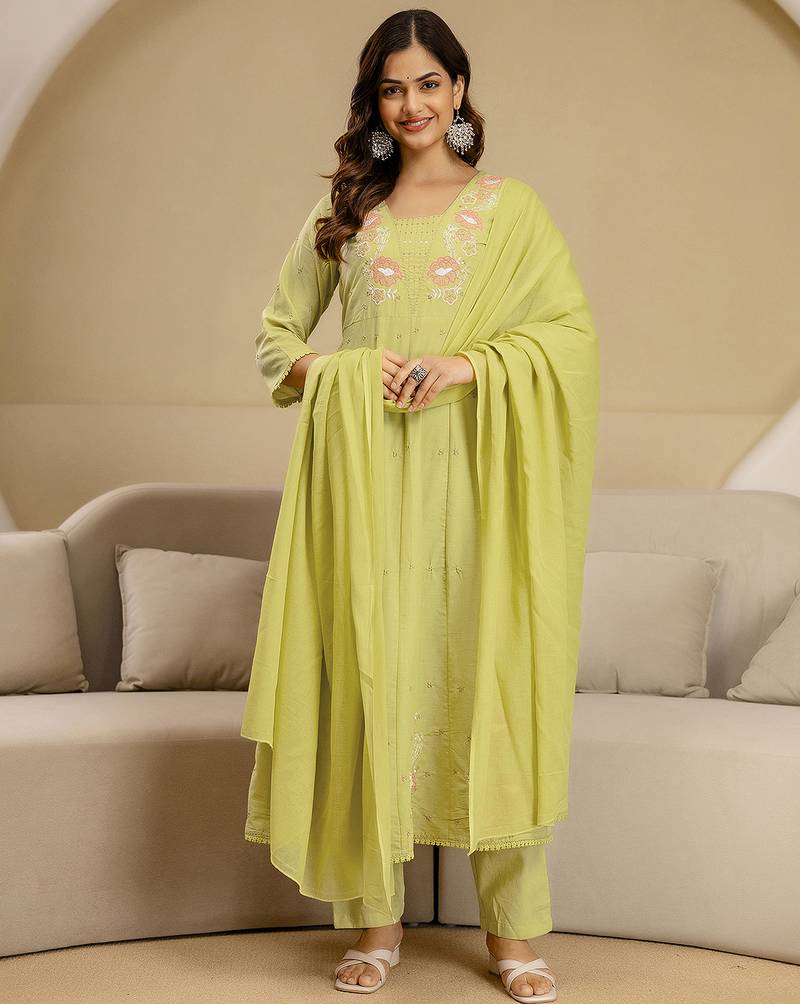  Yellow Pure Cotton Embroidery Sequence Work Anarkali Kurta Pant with Dupatta 