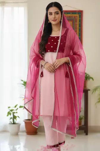 pink cotton woemsn kurta set with embroidered work