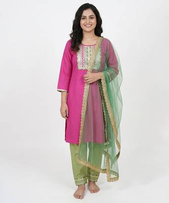 pink cotton kurti set with embroidered work 1