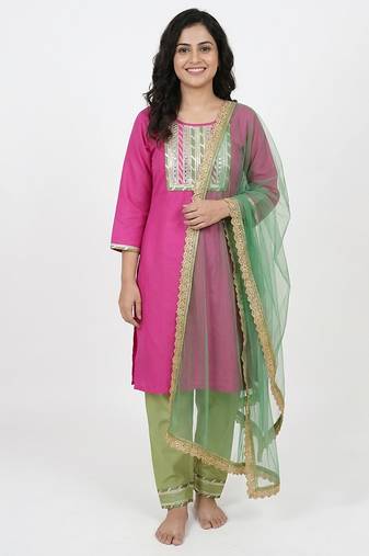 pink cotton kurti set with embroidered work