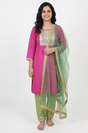 pink cotton kurti set with embroidered work