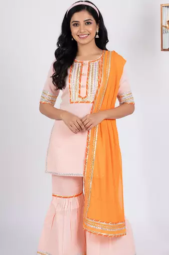 peach cotton sharara set with embroidered work