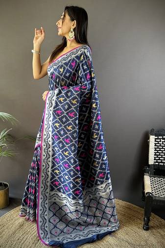 jacquard woven pattern royal blue lichi soft silk banarasi saree