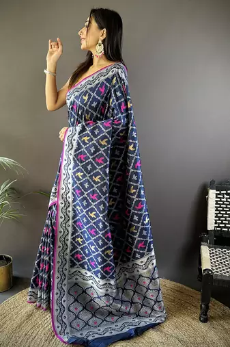 jacquard woven pattern royal blue lichi soft silk banarasi saree