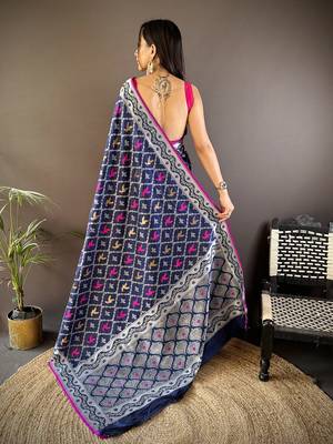 jacquard woven pattern royal blue lichi soft silk blend banarasi saree 2