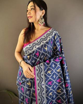 jacquard woven pattern royal blue lichi soft silk blend banarasi saree 3