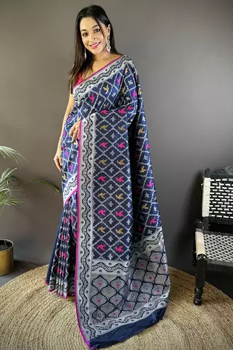 jacquard woven pattern royal blue lichi soft silk banarasi saree